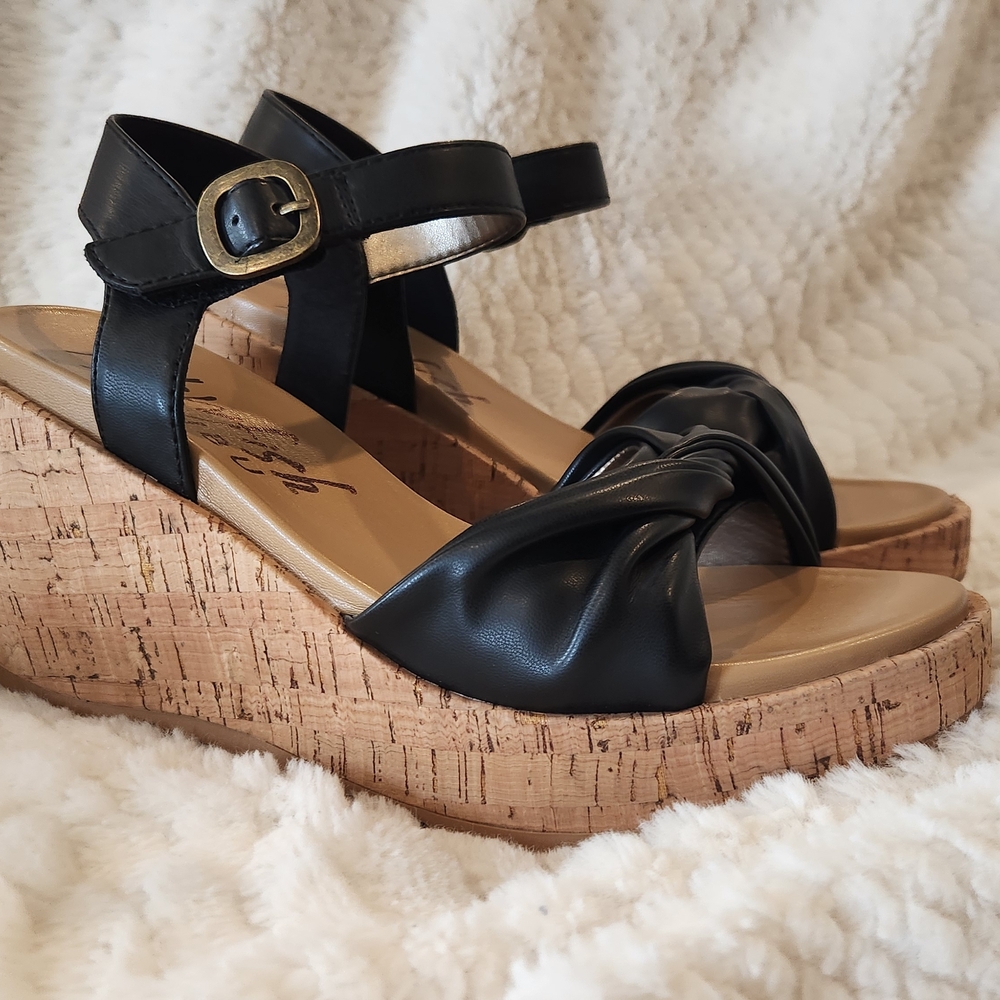 Black Knot Front Cork Wedge Sandals with Ankle Strap